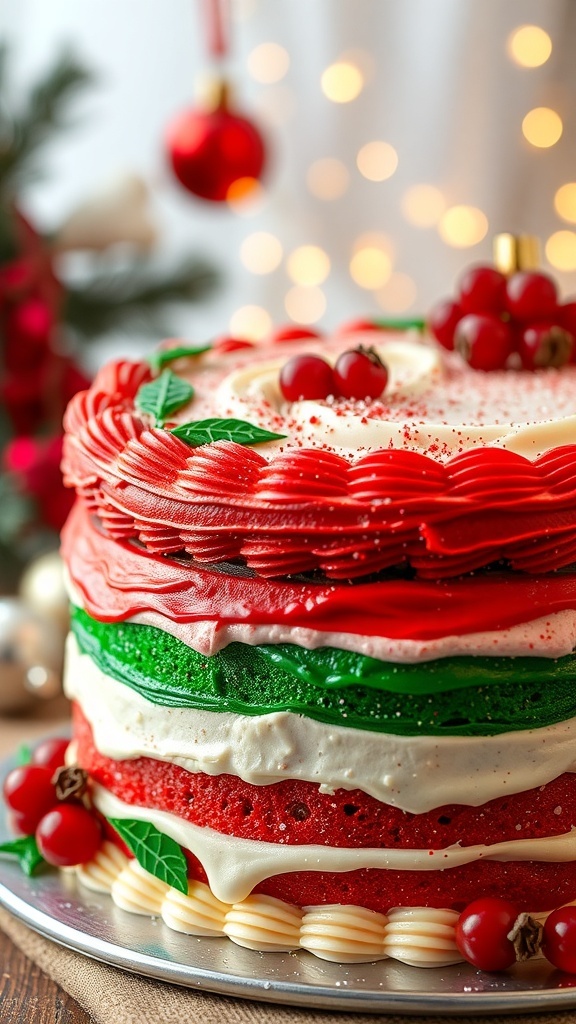 A festive red and green Christmas cake decorated with berries and glitter, surrounded by holiday decorations.